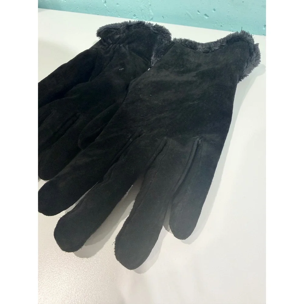 Womens Black Genuine Suede Leather Gloves Faux Fur Trim Winter Large 883J3